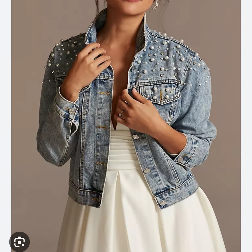 GRLFRND Cara Faux Pearl & Crystal Embellished Crop Denim Jacket In Cosmic Ray, S